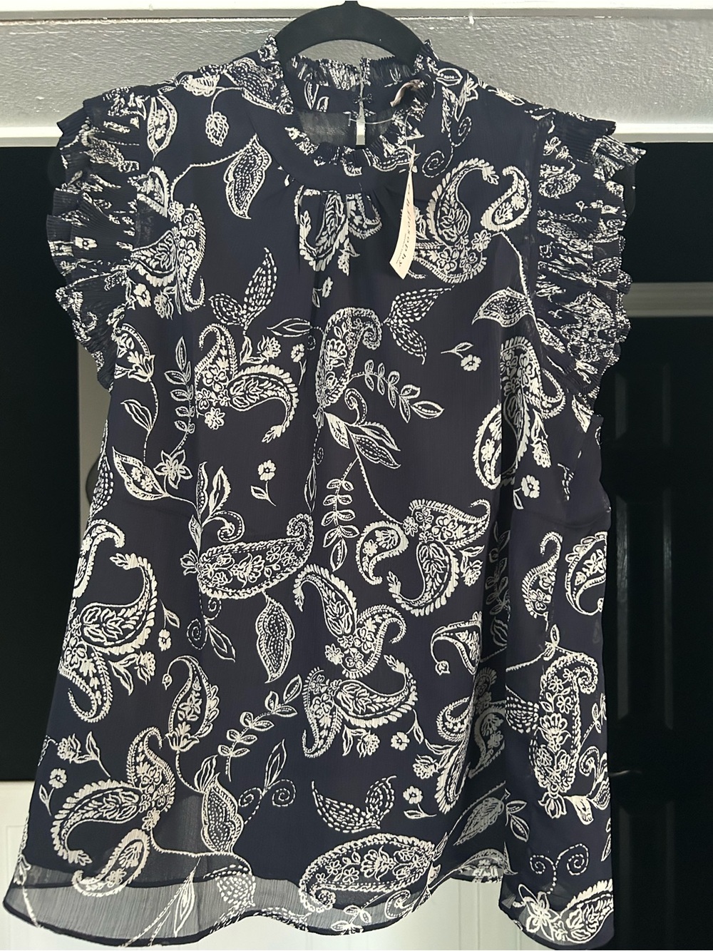 Philosophy Navy and White Paisley Ruffle Sleeve Blouse